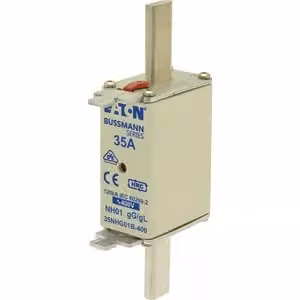 Inserto fusibile Eaton, bassa tensione, 35 A, CA 400 V, 120 kA, NH01, gL/gG, IEC, doppio indicatore di stato, linguetta di azionamento sotto tensione 35NHG01B-400