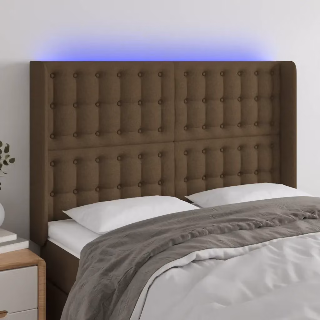 Testata del letto con illuminazione LED e porta USB in tessuto marrone scuro L: 147 cm, P: 16 cm, H: 118/128 cm – 2
