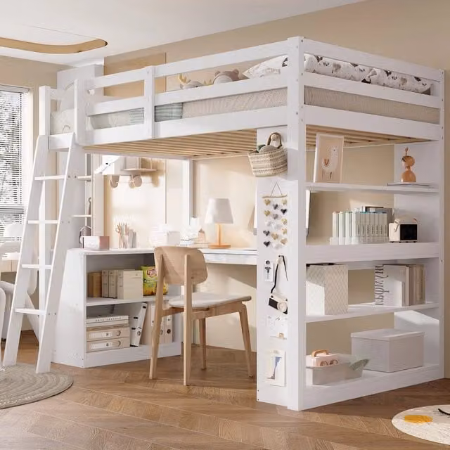 Letto a soppalco per bambini 90x200 cm con ripiano; pannello in feltro e scala inclinata; bianco