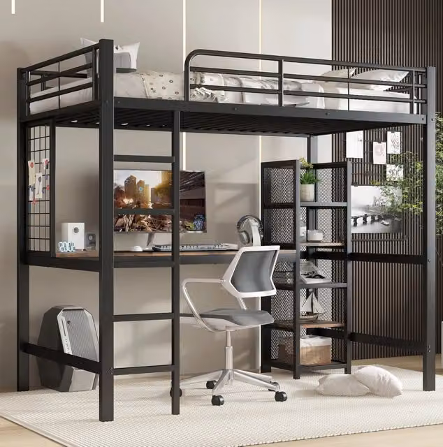 Letto a soppalco in ferro e MDF con scrivania e scaffalatura, 90x200 cm, colore nero e legno scuro