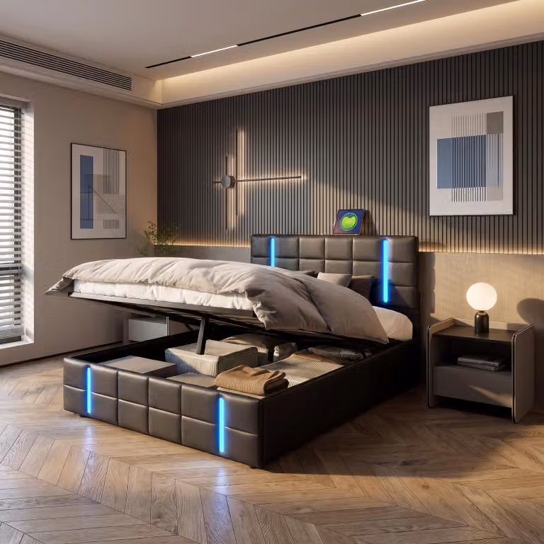 Letto imbottito INONEFT 140x200 cm con USB, letto box con sistema a molle e spazio contenitore, letto per ragazzi con spazio contenitore, ecopelle, nero