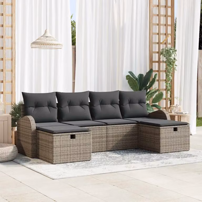 Set Divano da Giardino vidaXL 6 Pezzi in Polyrattan Grigio con Cuscini e Ottoman