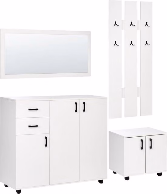 Set da ingresso in truciolato bianco con portaoggetti, scarpiera, ganci appendiabiti e specchio