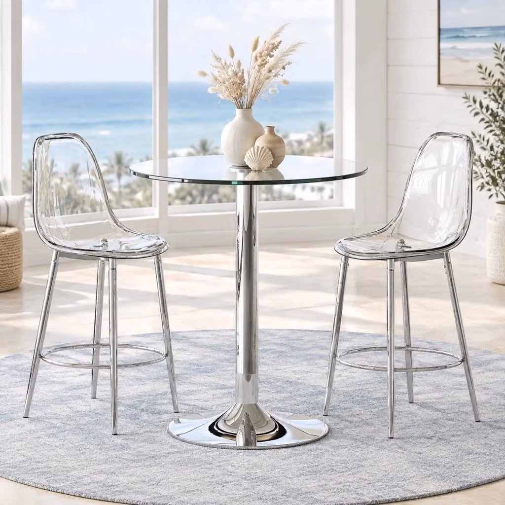 Set tavolo da bar Mivray con 2 sgabelli trasparenti, piano in vetro e base in metallo argento con struttura a X e piedini regolabili – 2
