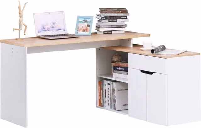Scrivania Angolare Porta PC con Libreria a 2 Ripiani Cassetto e Armadietto, 140x117x76 cm, Legno e Bianco, Salvaspazio per Casa e Ufficio