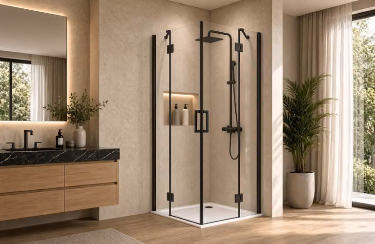 Box doccia angolare 80x90 cm apertura due ante battenti H200 cm cristalli trasparente 6 mm profilo Nero Opaco GIOIA