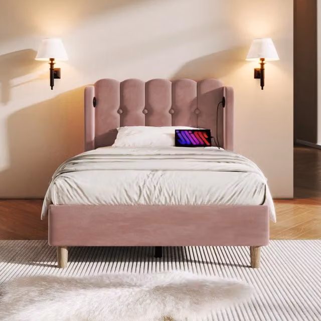Letto singolo Mivray con testiera imbottita e porte USB, rivestito in velluto rosa, L/P/H: 90 x 200 x 103 cm – 1