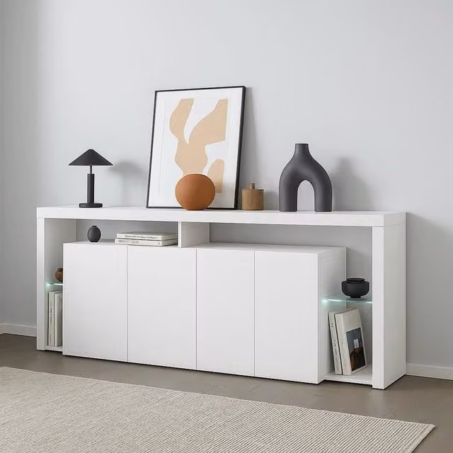Credenza Andale DMORA, Buffet moderno da soggiorno con illuminazione integrata, Bianco lucido, L: 200 cm, P: 40 cm, H: 80 cm