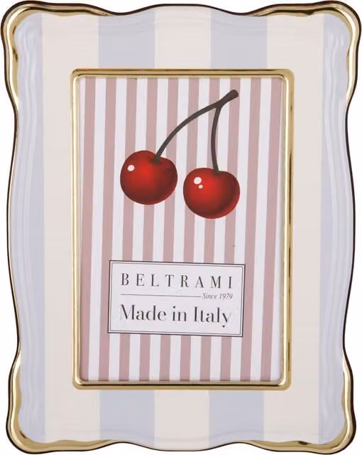 Portafoto Summer Beltrami in legno celeste con bordo dorato e decorazione a righe, da tavolo, 13x18 cm