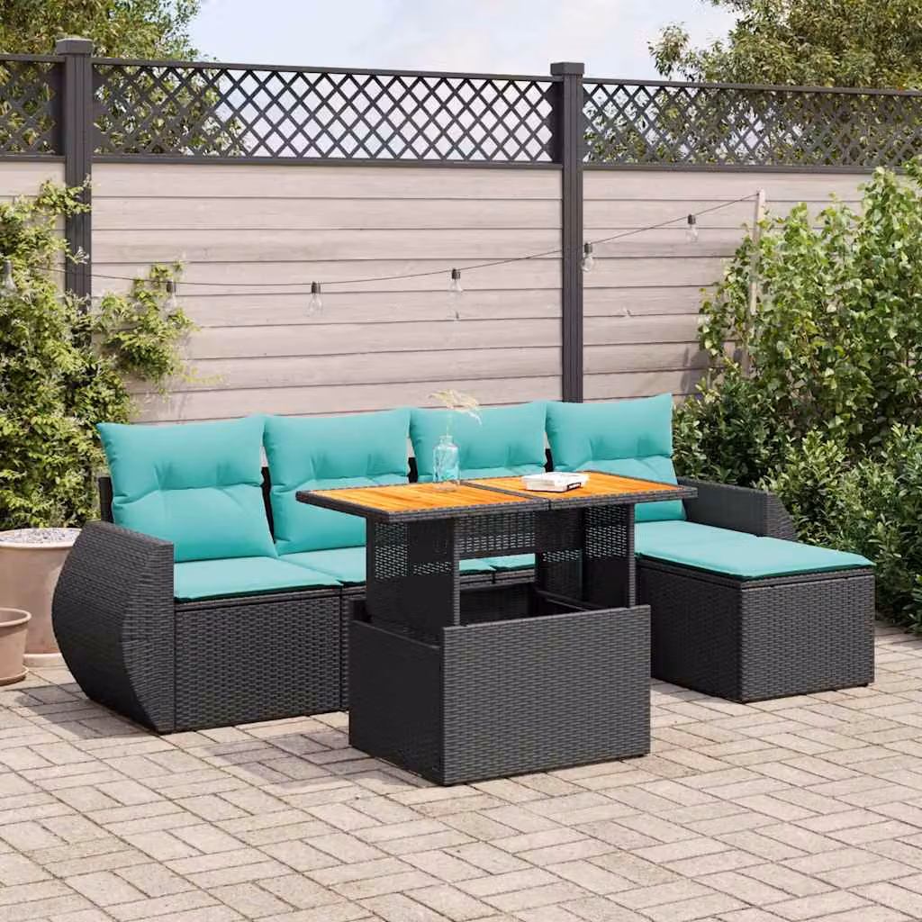 Set Divano da Giardino vidaXL 6 pz in Polyrattan e Legno di Acacia con Cuscini Nero e Blu