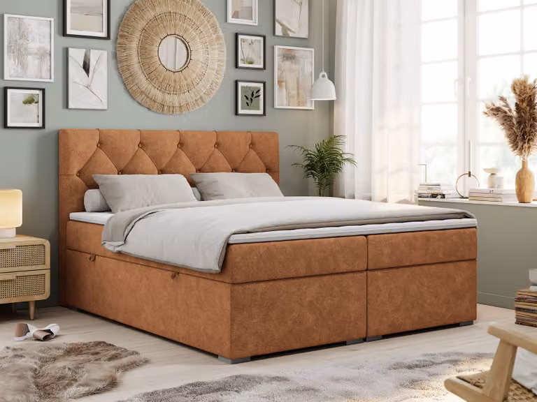 Boxspring con testiera trapuntata ALDA - 160x200 cm - Materassi multipocket H3 | Arancione Tessuto strutturato - Topper T25