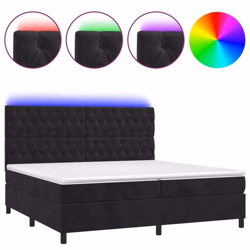 Letto a Molle con Materasso vidaXL in Velluto Nero con Illuminazione LED e Porte USB L/P: 200 x 200 cm, H: 128 cm – 2