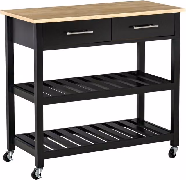 Carrello da Cucina con Ruote Portavivande 2 Cassetti e 2 Ripiani Salvaspazio Mobiletto Bicolore Nero e Legno Naturale