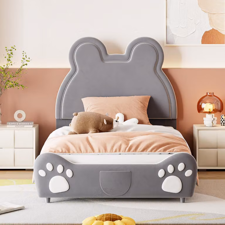 Letto imbottito Merax a forma di orso, 90x200 cm, letto per bambini realizzato in velluto morbido e legno di pino, letto singolo con rete a doghe, letto per ragazzi, colore grigio