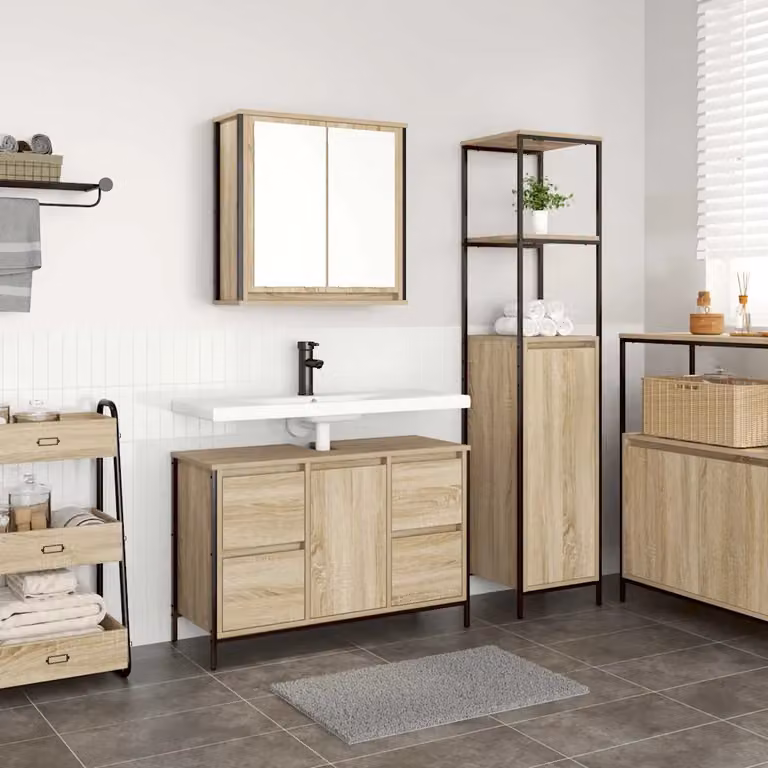 Set di mobili per il bagno vidaXL composto da mobile lavabo e colonna alta, design moderno in legno e metallo, marrone e nero, L: 90,0 cm, P: 44,25 cm, H: 165,0 cm