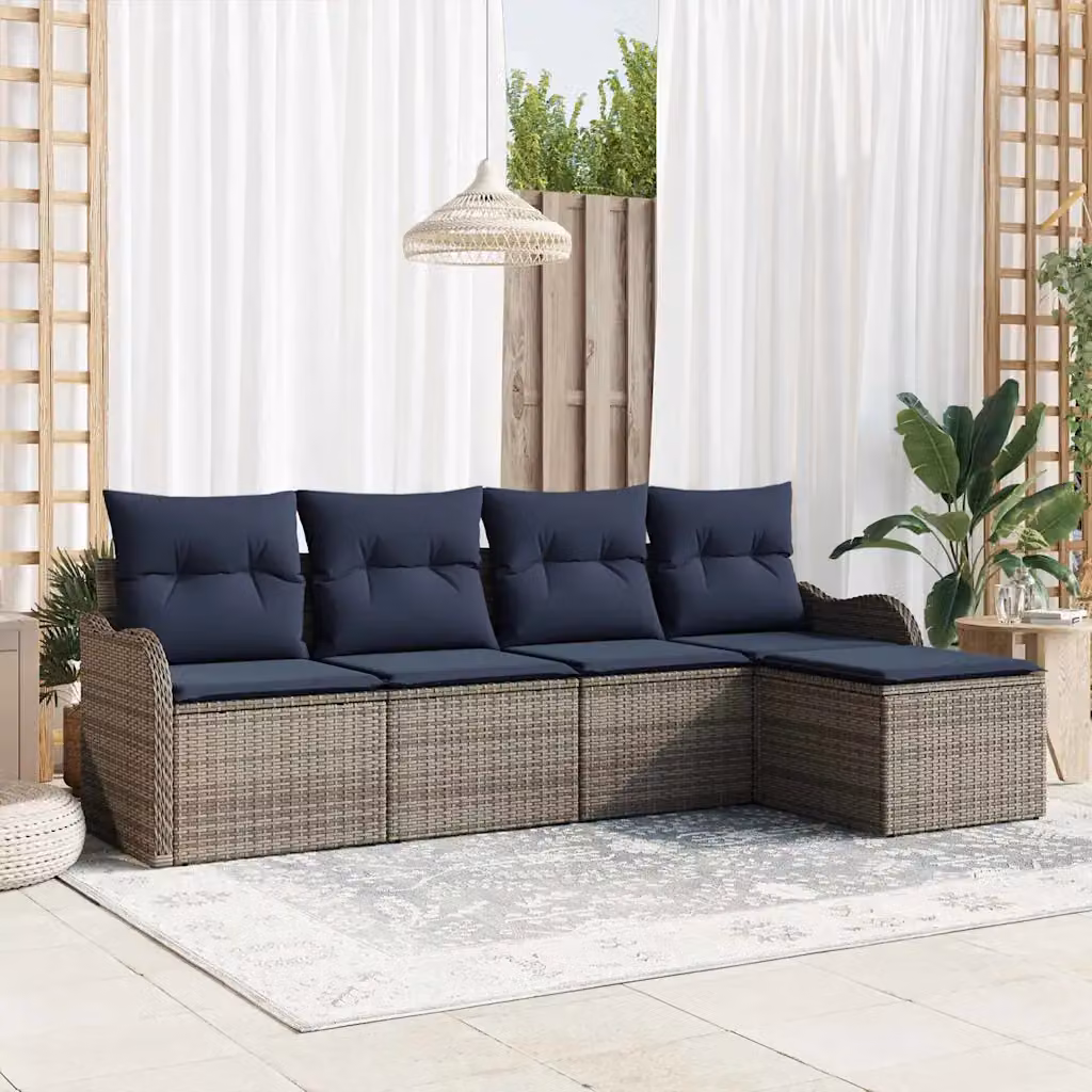 Set Divano da Giardino a L con Ottoman vidaXL Grigio in Polyrattan e Metallo con Cuscini Inclusi