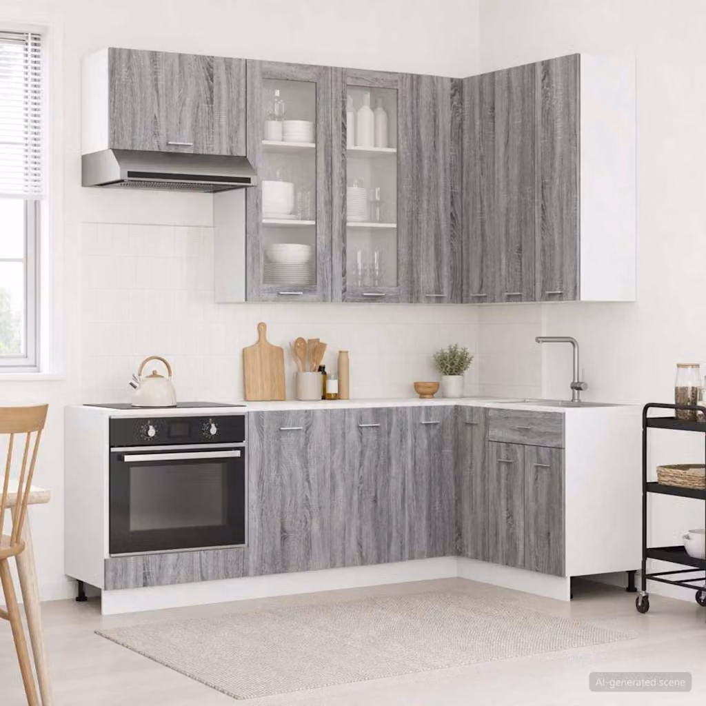 Unità cucina moderna vidaXL LYON composta da 8 pezzi in legno ingegnerizzato MDF, colore grigio, con ante in vetro e ripiani interni, modello da appendere a parete