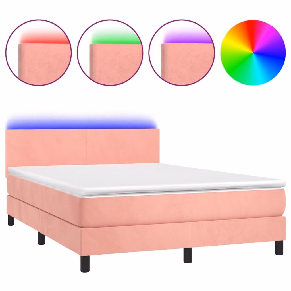 Letto a Molle con Materasso e LED Rosa 140x200 cm in Velluto