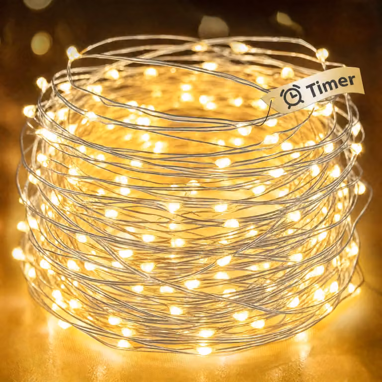 Catena luminosa natalizia con timer, 10 metri, luce bianco caldo, 100 LED