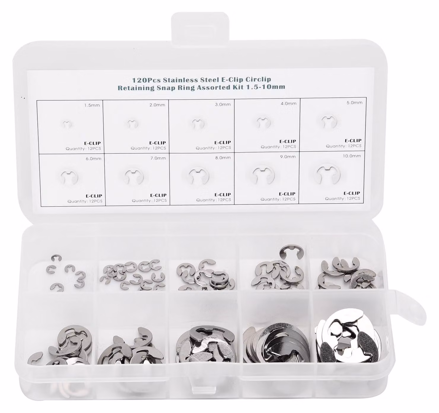 Kit assortito da 120 pezzi di rondelle E-Clip per anelli di sicurezza esterni in acciaio inossidabile da 1,5 mm a 10 mm