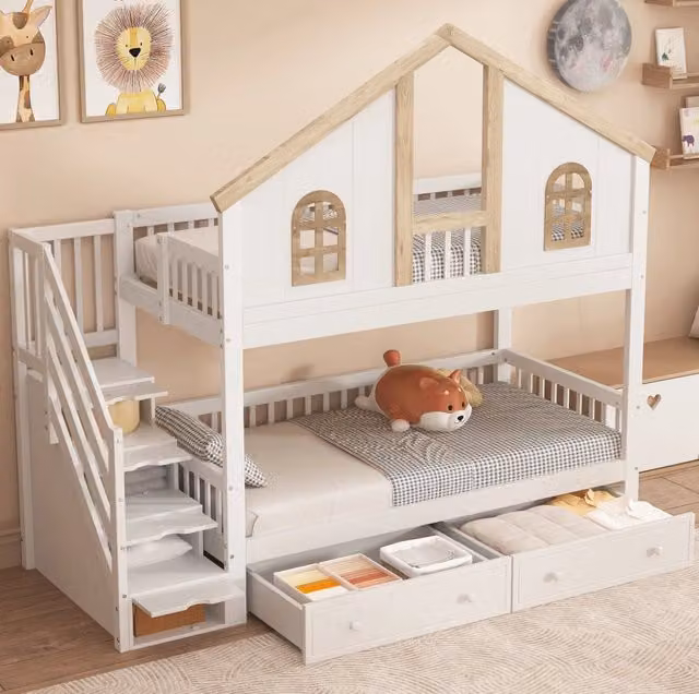 Letto a castello per bambini 90x200 cm in pino; MDF e compensato; bianco e naturale