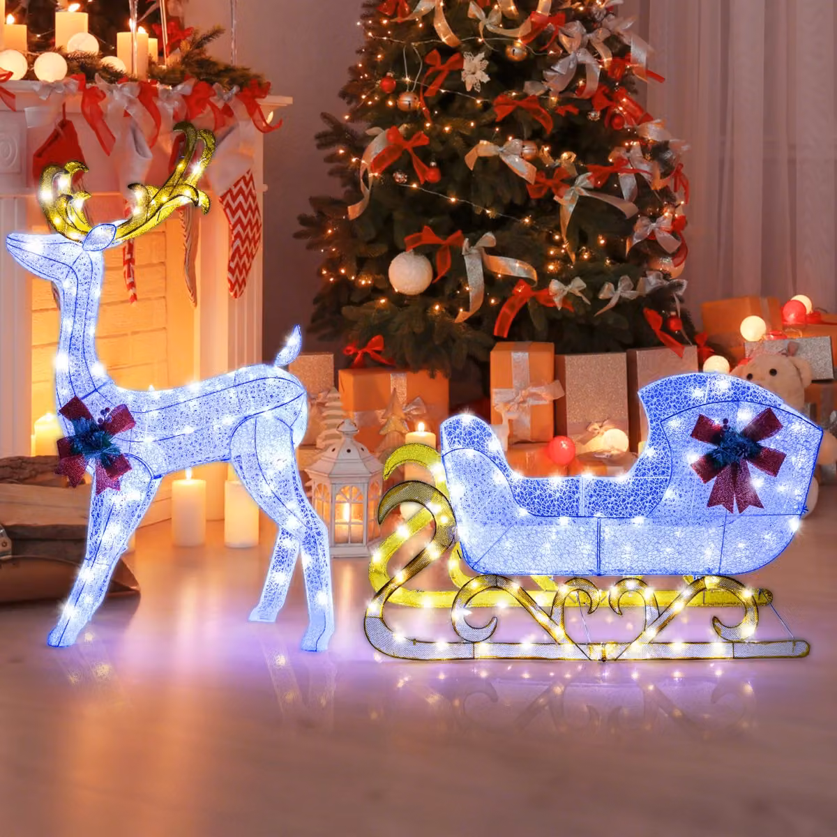 Costway Decorazione natalizia per giardino illuminata a LED con 215 lampadine e 8 picchetti, Renna natalizia preilluminata e slitta di babbo natale Bianco