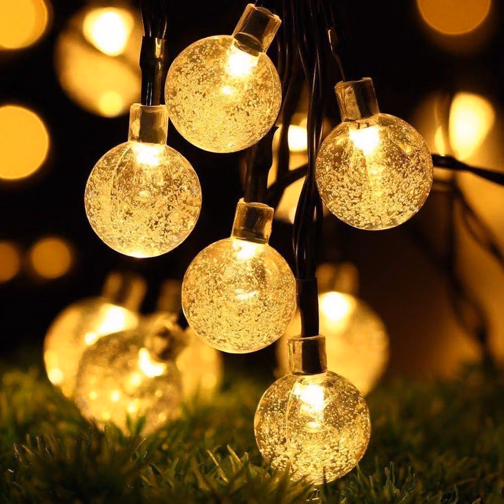 Catena luminosa solare con 30 LED, sfere di cristallo, 6 metri, luce bianca calda