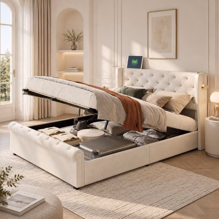 Letto matrimoniale idraulico INONEFT, 140x190 cm, con prese USB, letto a due piazze per ragazzi con lampada da comodino, struttura del letto con rete a doghe, tessuto velluto color beige