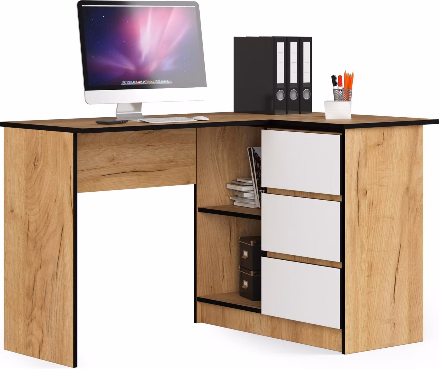 Akord Scrivania Angolare Destra 3 Cassetti Rovere Craft/Bianco 124X85X77 Cm