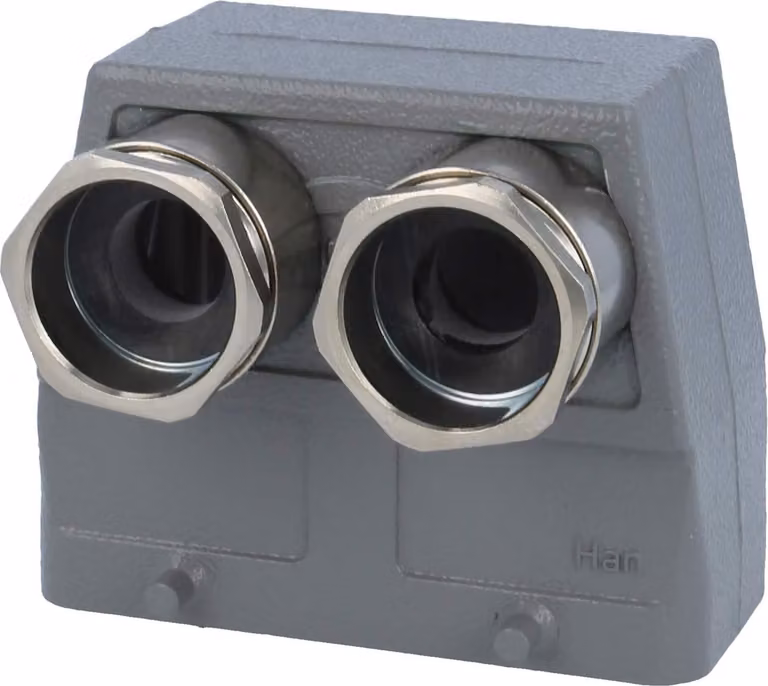 Custodia in tüll Harting Han 16B, alta, con uscita cavi frontale da 2xM32, predisposta per 2 supporti (nella parte inferiore), con raccordo M32 e morsetto
