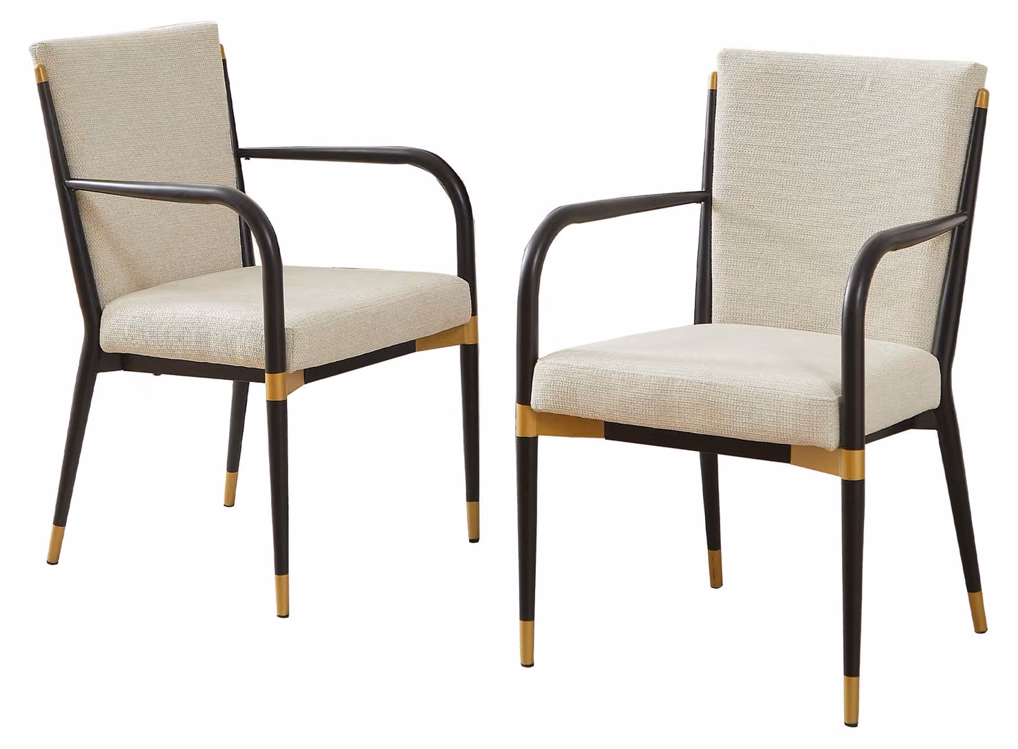 Set di 2 sedie da pranzo, schienale alto, imbottitura beige, struttura in metallo, braccioli curvi, piedini regolabili e altezza seduta di 46,5 cm