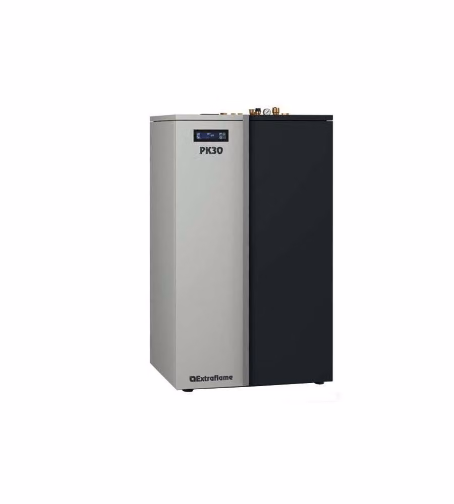 Caldaia a pellet Extraflame PK30 da 30 kW con serbatoio da 75 kg, controllo Wi-Fi e display Black Mask, colore Bianco, L/P/H: 139.8 x 89.0 x 74.5 cm – 1