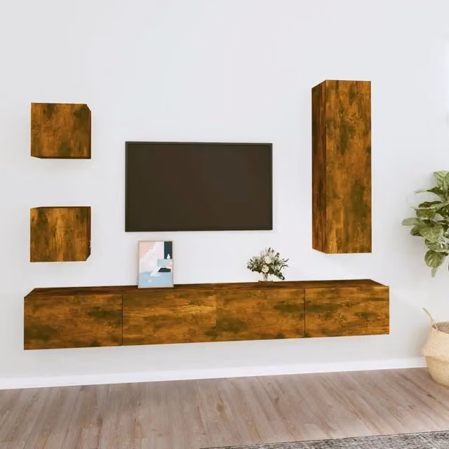 Set di mobili porta TV moderno vidaXL in legno multistrato color rovere fumo marrone con montaggio a parete – 1