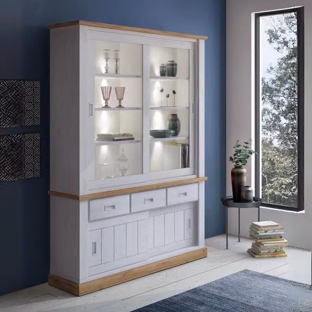 Vetrina Anthony67120 con 2 ante vetro e 3 cassetti colore rovere wotan e anderson pine stile shabby