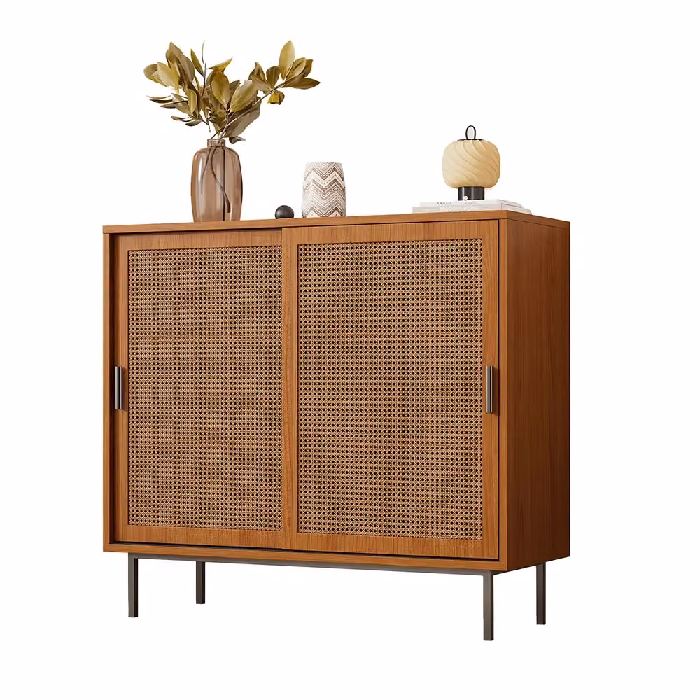 Buffet Xylo in stile cottage con 2 porte scorrevoli in rattan e legno, colore marrone, L: 100 cm, P: 37 cm, H: 90 cm – 2