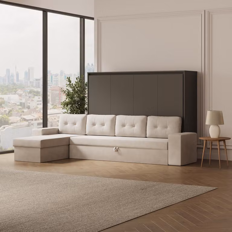 SMARTBett Letto a scomparsa M2 Orizzontale 140x200 con divano ad angolo grigio sabbia Antracite
