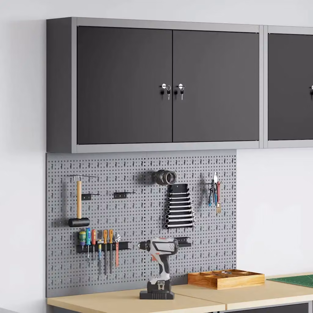 Set di 3 armadi per attrezzi vidaXL in acciaio nero con scaffale, montabili a parete e con serratura