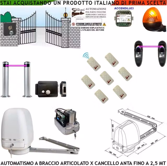 Kit Motore a Braccio Articolato 220/24 V Cancello Automatico Anta da 0,5 a 2,5 MT Elettroserratura Accendiluci 7 Radiocomandi Faro Selettore 2 Paline 2 Foto
