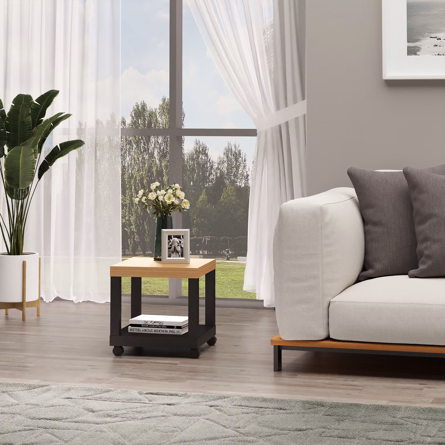 Tavolino moderno HOMCOM con ruote e mensola aperta, legno naturale e nero, L/P/H: 40 x 40 x 40 cm – 2