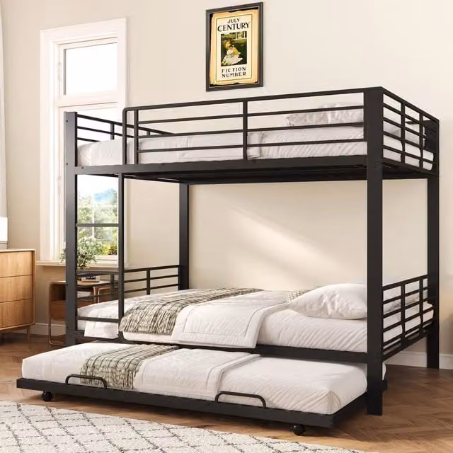 Letto a castello in metallo rinforzato 140x200 cm con letto estraibile, con protezione antricaduta e scala per bambini e ragazzi - Nero
