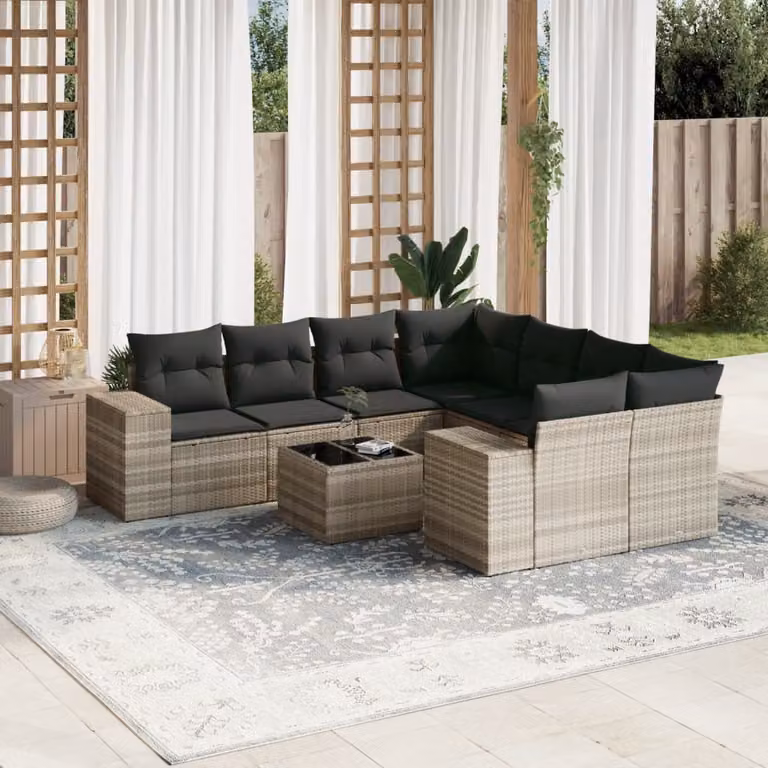Set Divano da Giardino a L vidaXL in Polyrattan con Cuscini Grigio Chiaro e Tavolino da Esterno 9pz