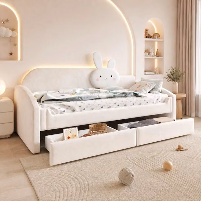 Letto bambino 90x200 cm con divano, tessuto velluto beige, con cassetti contenitori e illuminazione LED