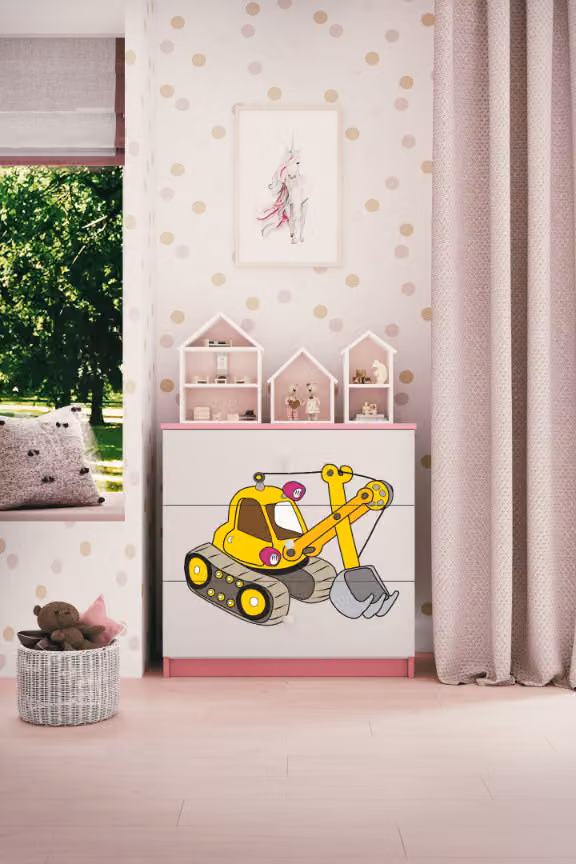 Cassettiera per bambini Excavator nel colore rosa Babydreams