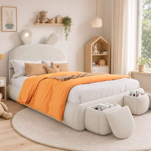 Letto imbottito ULEVR 140x200 cm con contenitore idraulico, LED regolabile e 2 pouf contenitore, velluto beige