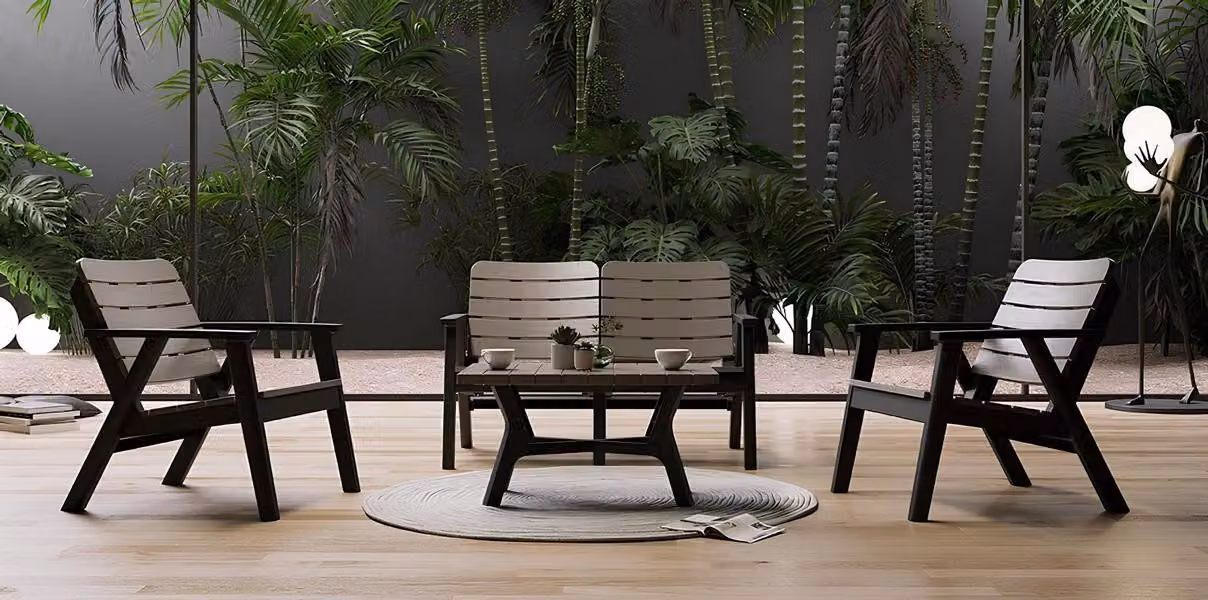 Elegante Braune Terrassen Garnitur Edle Holzbank 2x Sessel Tisch
