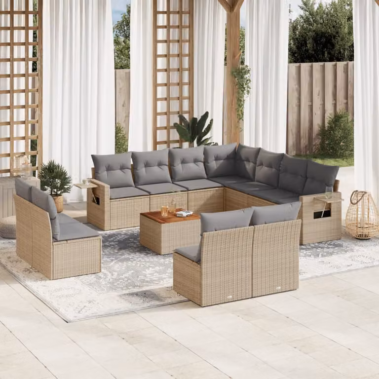 vidaXL Set Divani da Giardino 12 pz a Forma a L in Polyrattan con Cuscini Beige e Grigio e Tavolino da Esterno