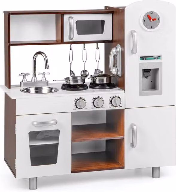 Set da cucina per bambini in stile moderno con ampio spazio di archiviazione, bianco e marrone, L 73 cm x P 29 cm x H 81 cm