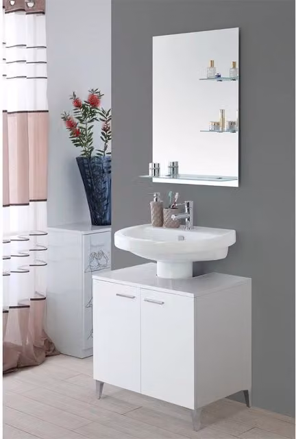 Mobile Sotto Lavabo Copricolonna da Bagno Feridras Bianco Lucido con Ante a Battente – 1