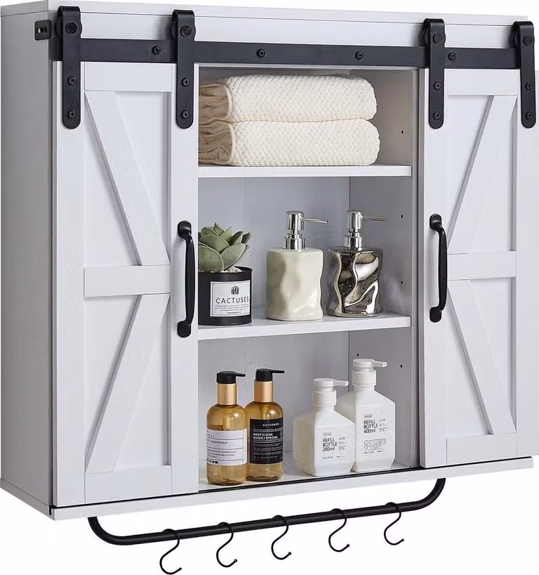 Mobile da bagno a parete, 2 ante e ripiano regolabile, armadietto porta medicinali sopra il WC, organizer da appendere con divisorio aperto/portasciugamani/ganci per lavanderia e cucina, bianco