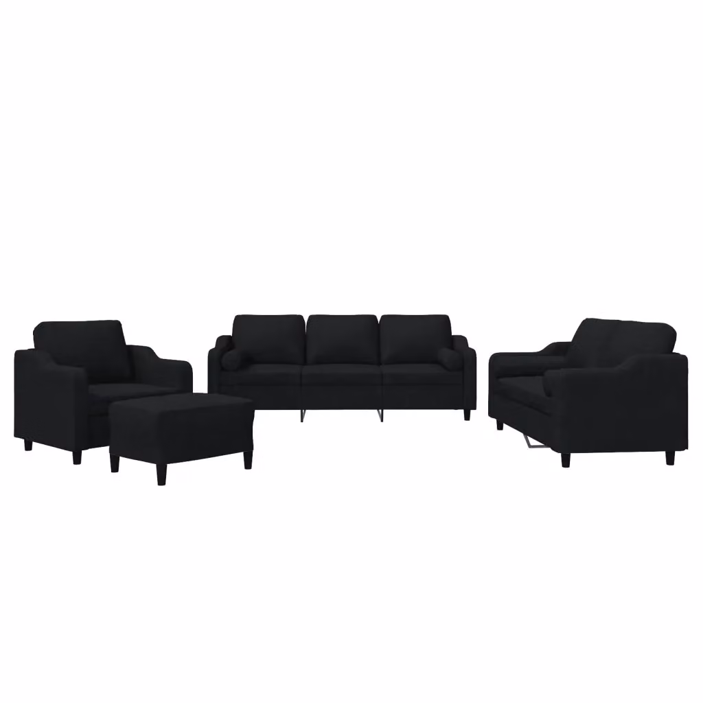 Set di Divani vidaXL 4 Pezzi Moderno in Tessuto Nero con Cuscini e Pouf per Soggiorno – 2